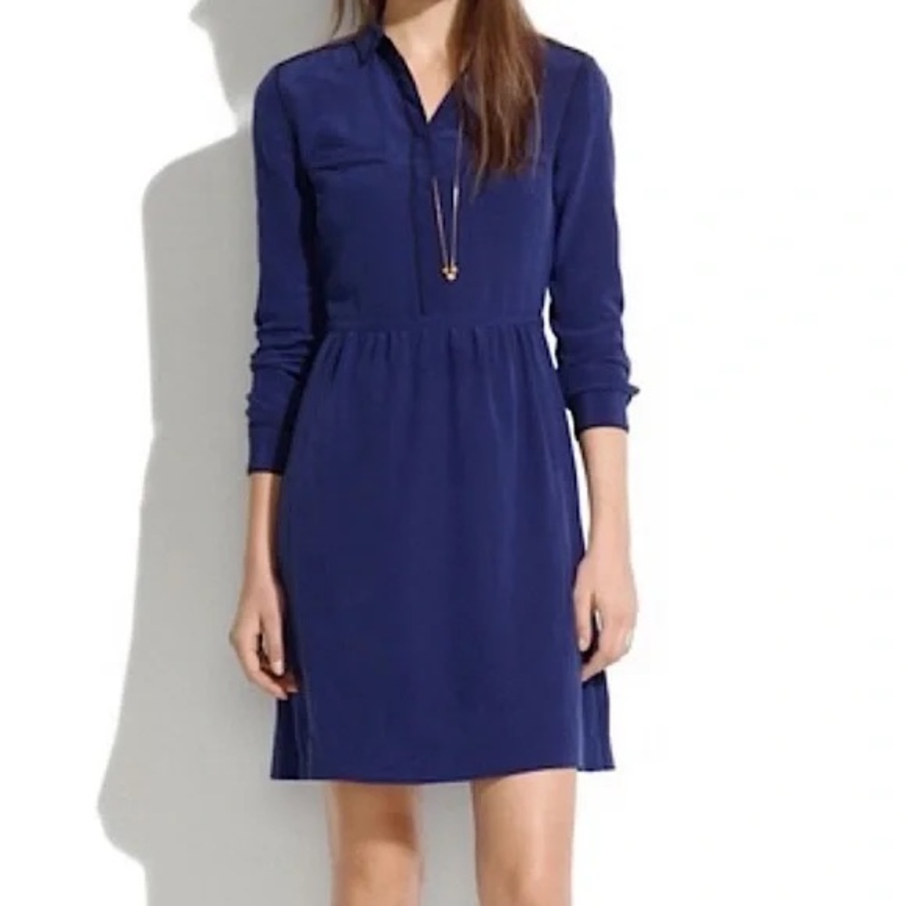 Madewell Navy Silk Shirt Dress with cuffed long sleeves